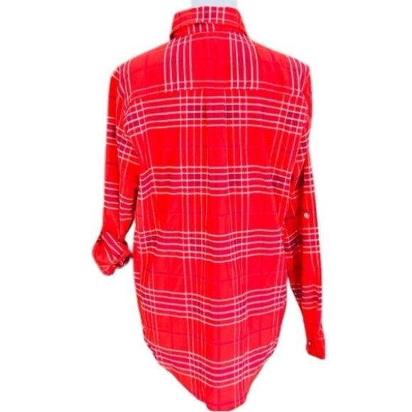 LL Bean cotton blend button front plaid tab sleeve shirt size M. - Picture 3 of 9